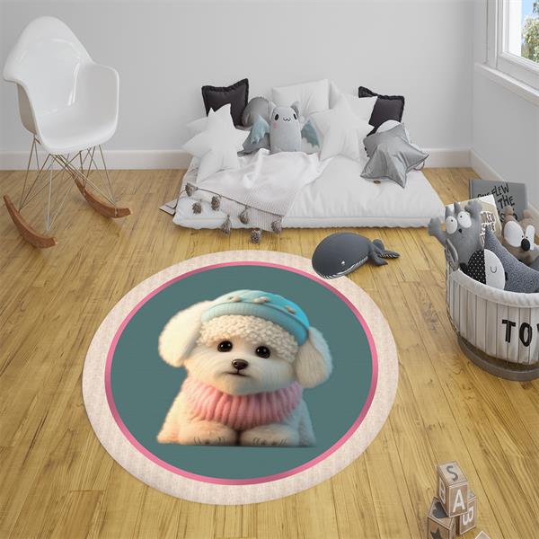 Kaymaz Taban Yıkanabilir Tatlı Köpek Desenli Yuvarlak Çocuk Halısı
