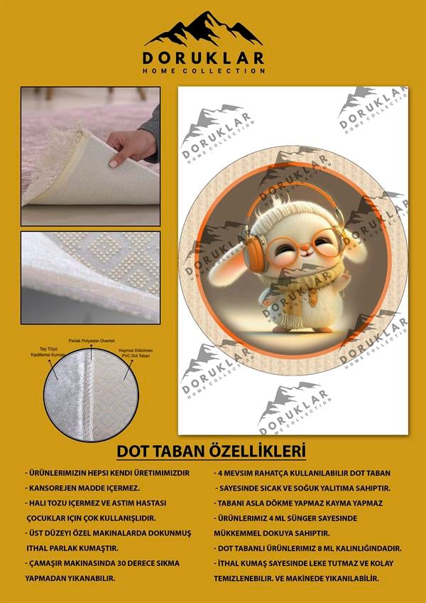 Kaymaz Taban Yıkanabilir Tatlı Minik Tavşan Desenli Yuvarlak Çocuk Halısı