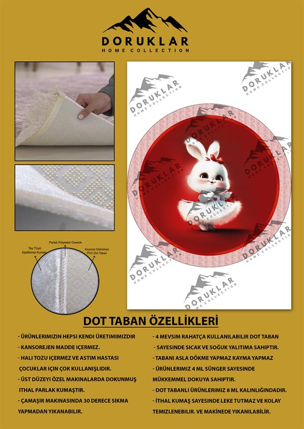 Kaymaz Taban Yıkanabilir Tatlı Minik Tavşan Desenli Yuvarlak Çocuk Halısı