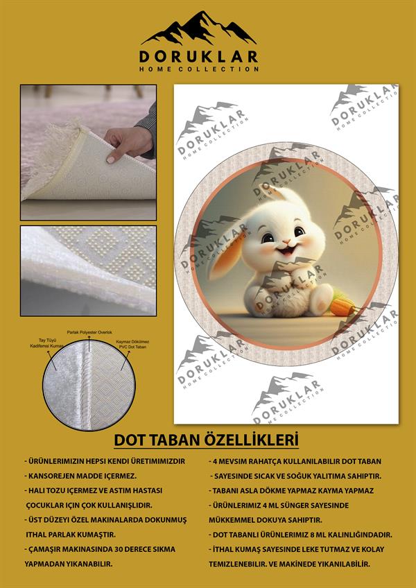 Kaymaz Taban Yıkanabilir Tatlı Minik Tavşan Desenli Yuvarlak Çocuk Halısı