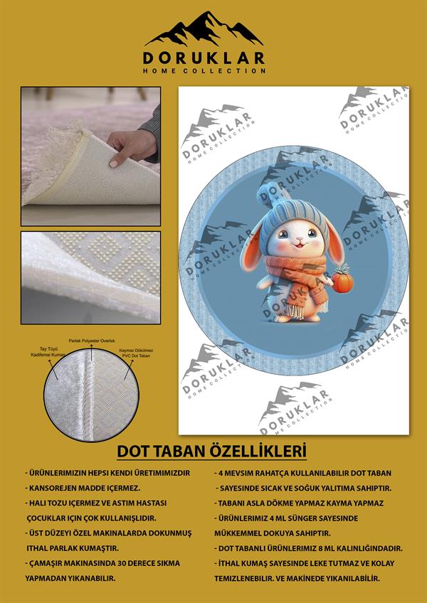Kaymaz Taban Yıkanabilir Tatlı Tavşan Desenli Yuvarlak Çocuk Halısı