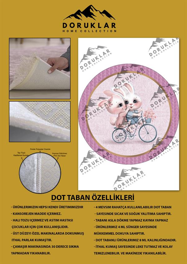 Kaymaz Taban Yıkanabilir Tatlı Tavşanlar Desenli Yuvarlak Çocuk Halısı