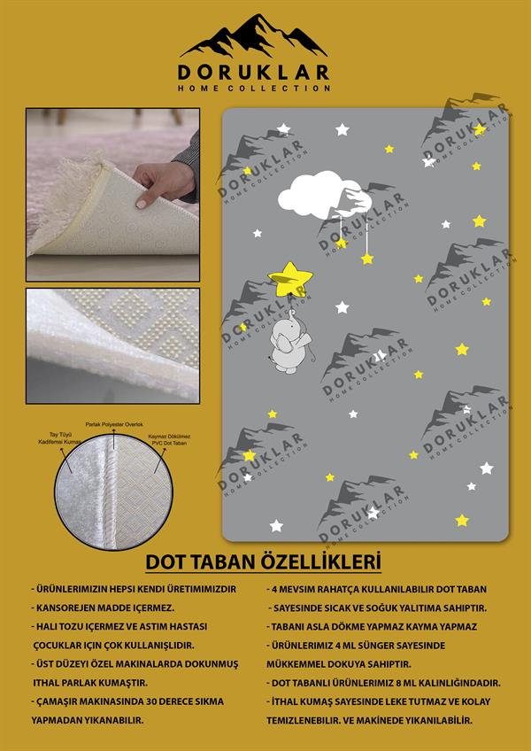 Kaymaz Taban Yıkanabilir Yıldız Fil ve Bulut Desenli Çocuk Halısı