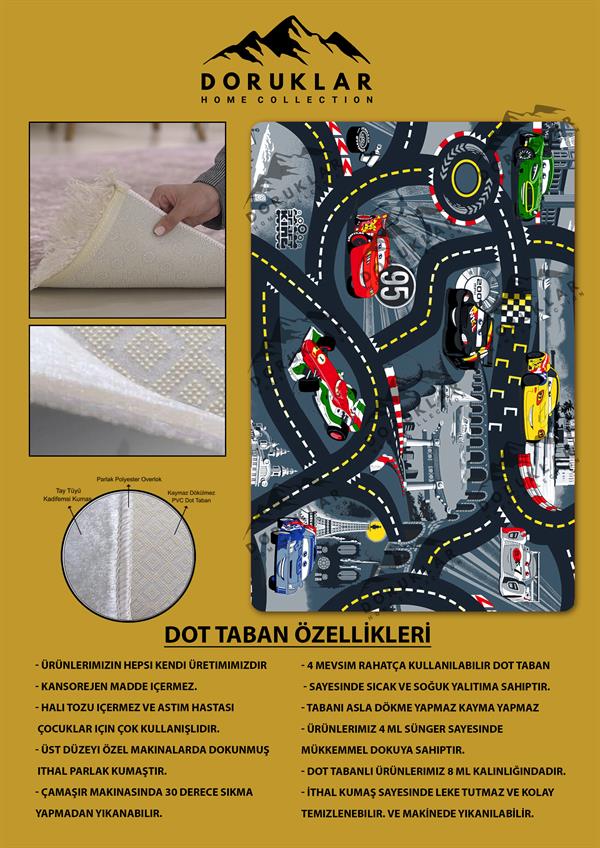 Kaymaz Taban Yıkanabilir Yol ve Araba Desenli Çocuk Halısı