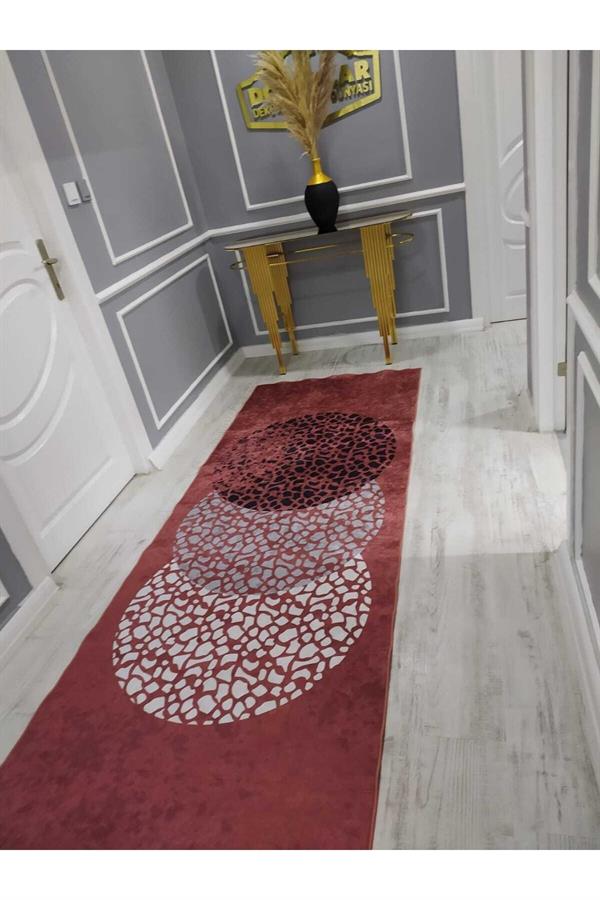 Kaymaz Tabanlı Leke Tutmaz Yıkanabilir Parçalı Daire Desenli Dokuma Taban Halı Drk8086-3