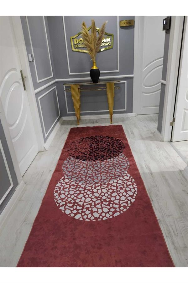 Kaymaz Tabanlı Leke Tutmaz Yıkanabilir Parçalı Daire Desenli Dokuma Taban Halı Drk8086-3