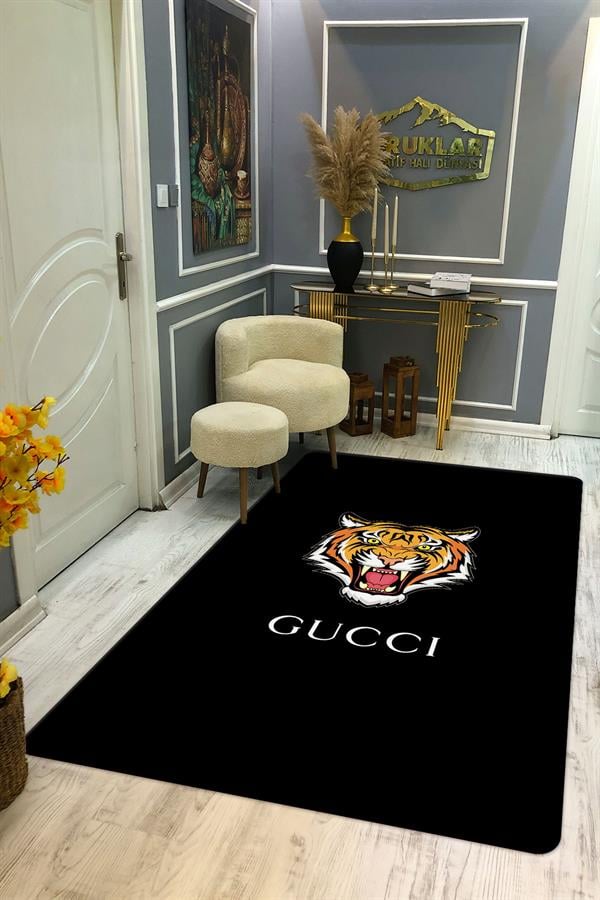 Kaymaz Tabanlı Makinede Yıkanabilir Dijital Baskı Kaplan Gucci Desenli Dot Taban Halı