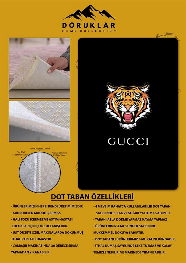 Kaymaz Tabanlı Makinede Yıkanabilir Dijital Baskı Kaplan Gucci Desenli Dot Taban Halı