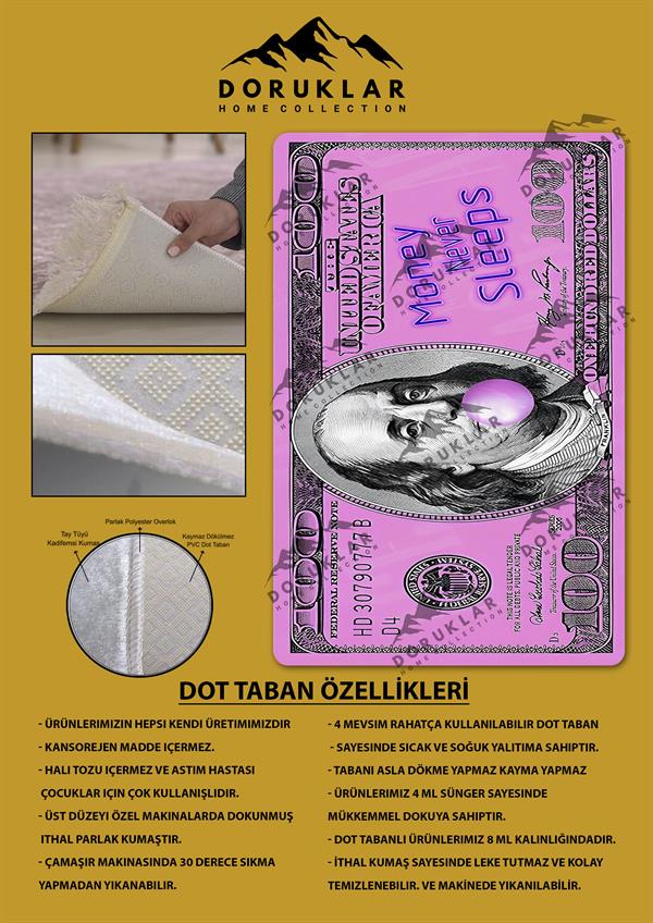 Kaymaz Tabanlı Makinede Yıkanabilir Dijital Baskı Dolar Desenli Dot Taban Halı