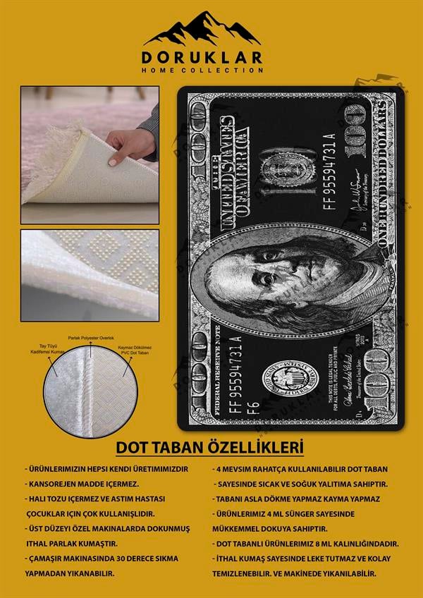 Kaymaz Tabanlı Makinede Yıkanabilir Dijital Baskı Dolar Desenli Dot Taban Halı