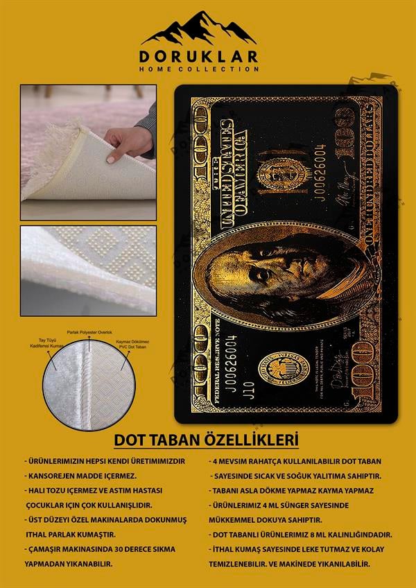 Kaymaz Tabanlı Makinede Yıkanabilir Dijital Baskı Dolar Desenli Dot Taban Halı