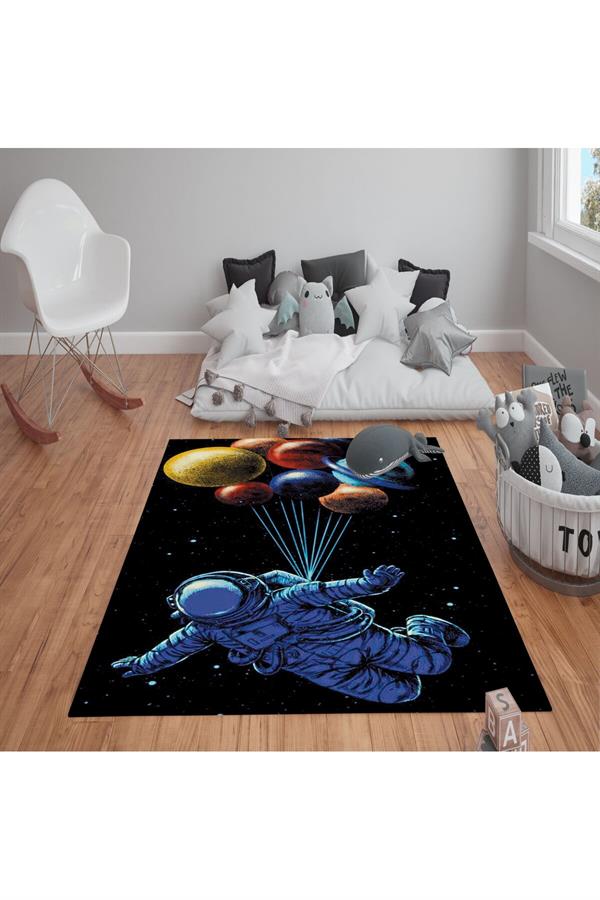 Kaymaz Tabanlı Yıkanabilir Astronot Desenli Çocuk Halısı Dot Taban Halı