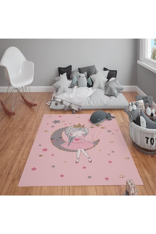 Kaymaz Tabanlı Yıkanabilir Ay Kız Desenli Çocuk Halısı Dot Taban Halı