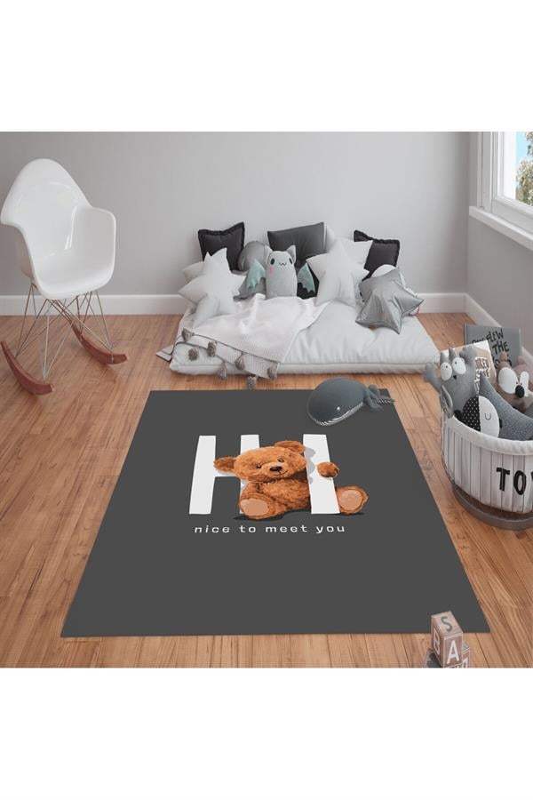 Kaymaz Tabanlı Yıkanabilir Ayı Desenli Çocuk Halısı Dot Taban Halı