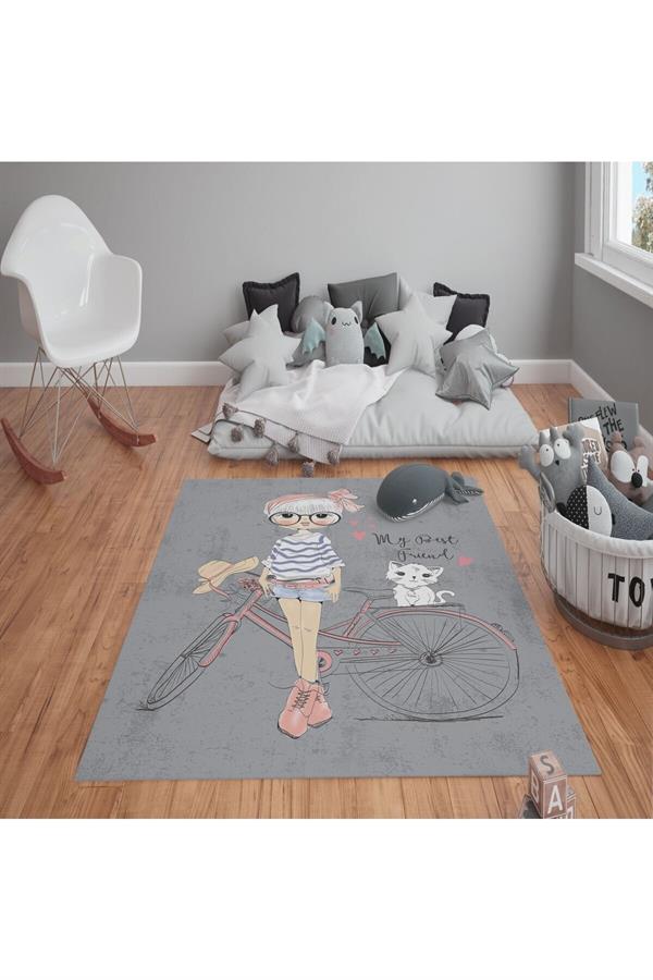 Kaymaz Tabanlı Yıkanabilir Bisikletli Kız ve Kedi Desenli Çocuk Halısı Dot Taban Halı