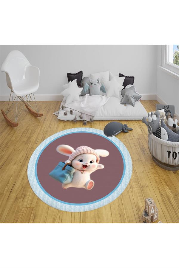 Kaymaz Tabanlı Yıkanabilir Çantalı Tavşan Desenli Çocuk Halısı Dot Taban Halı