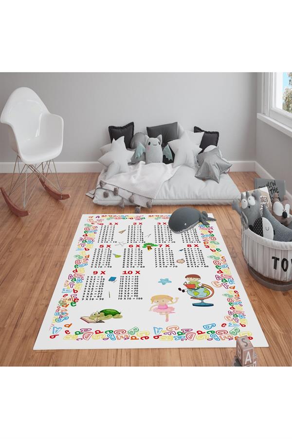 Kaymaz Tabanlı Yıkanabilir Çarpım Tablosu Desenli Çocuk Halısı Dot Taban Halı