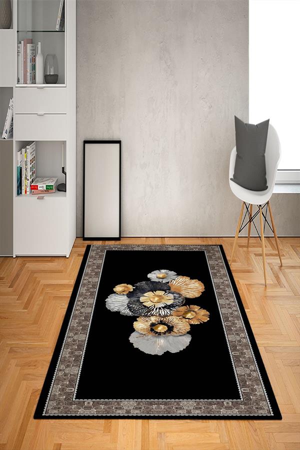 Kaymaz Tabanlı Yıkanabilir Çerçeve Çiçek Desenli Dot Taban Halı