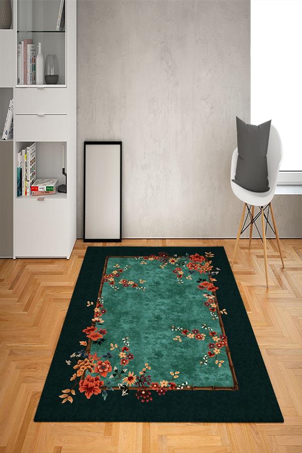 Kaymaz Tabanlı Yıkanabilir Çerçeve Çiçek Desenli Dot Taban Halı