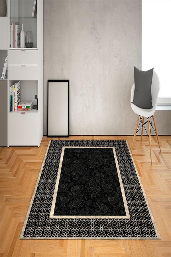 Kaymaz Tabanlı Yıkanabilir Çerçeve Desenli Dot Taban Halı