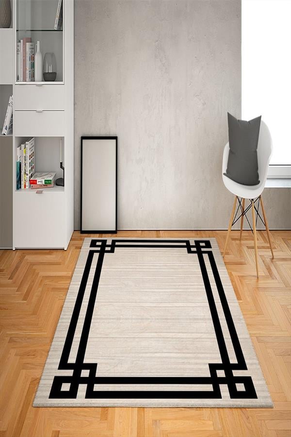Kaymaz Tabanlı Yıkanabilir Çerçeve Desenli Dot Taban Halı
