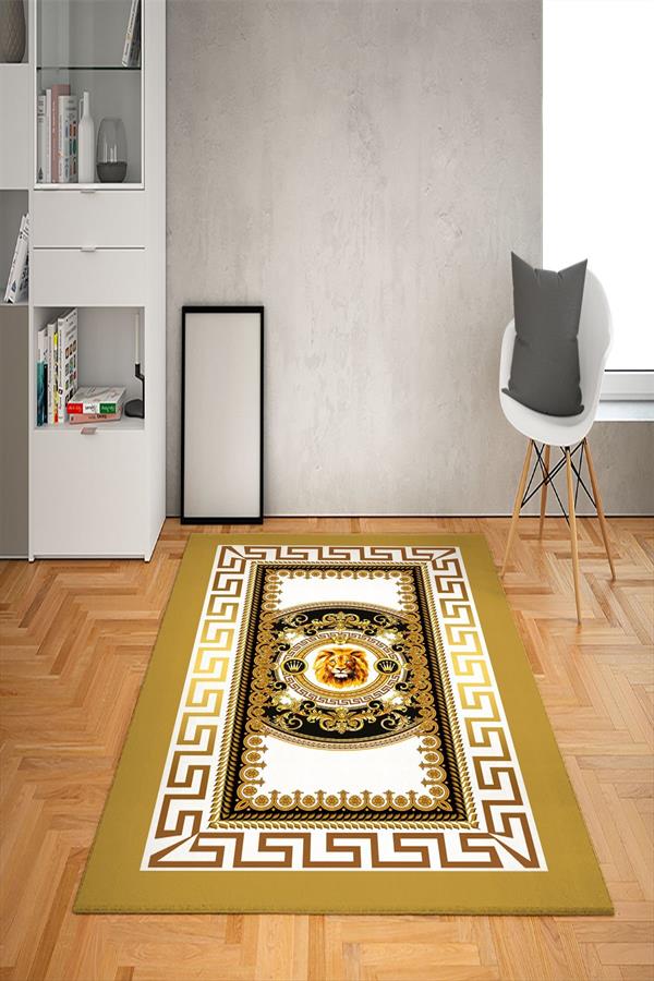Kaymaz Tabanlı Yıkanabilir Çerçeveli Aslan Desenli Dot Taban Halı