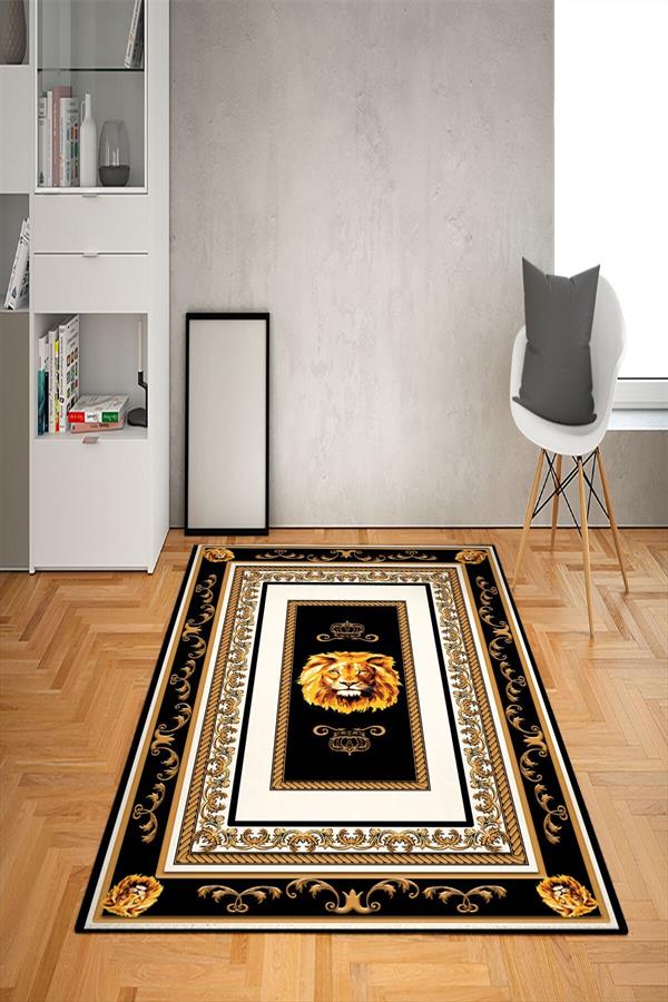 Kaymaz Tabanlı Yıkanabilir Çerçeveli Aslan Desenli Dot Taban Halı