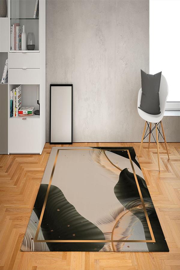 Kaymaz Tabanlı Yıkanabilir Çerçeveli Dekoratif Desenli Dot Taban Halı