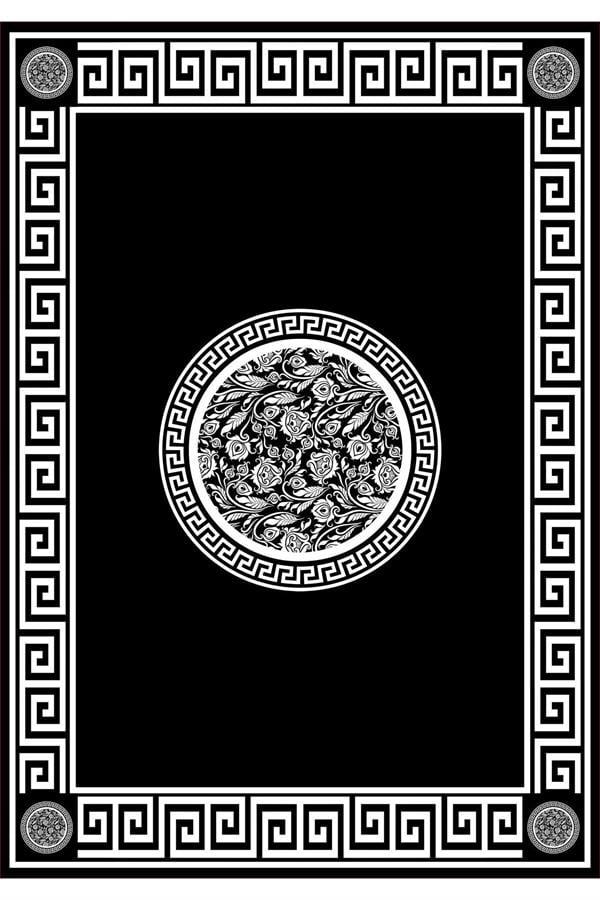 Kaymaz Tabanlı Yıkanabilir Çerçeveli Geometrik Desenli Dot Taban Halı
