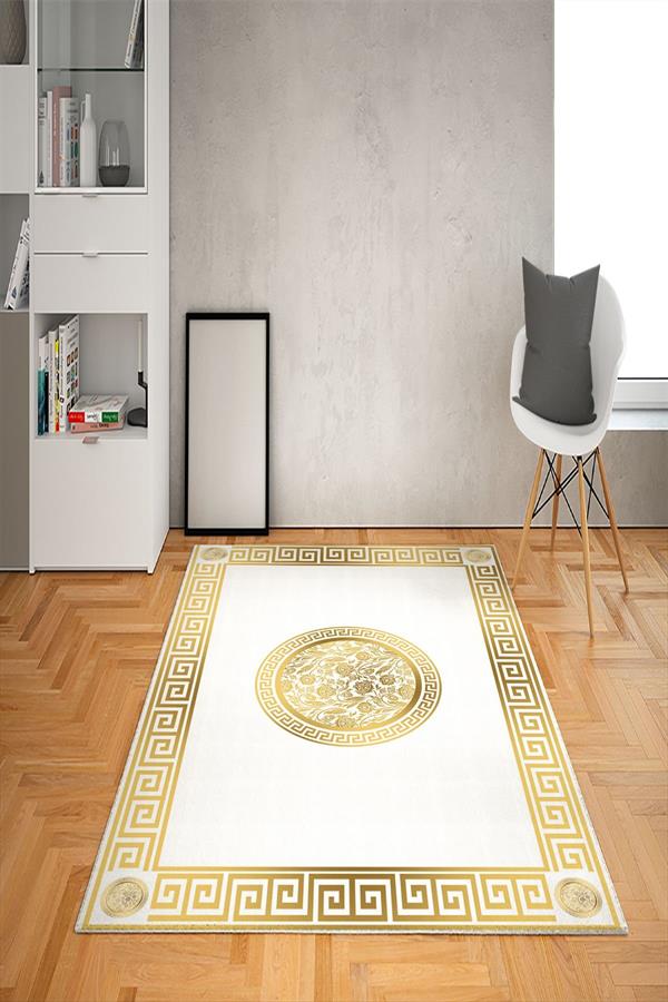 Kaymaz Tabanlı Yıkanabilir Çerçeveli Geometrik Desenli Dot Taban Halı