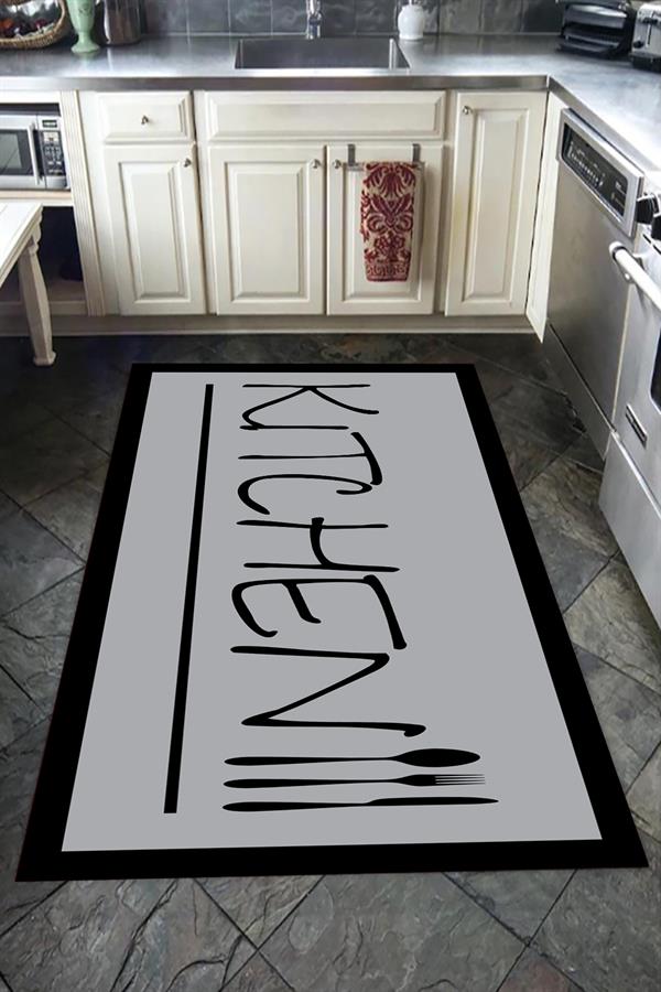 Kaymaz Tabanlı Yıkanabilir Çerçeveli Kitchen Desenli Dot Taban Halı