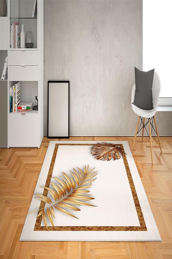 Kaymaz Tabanlı Yıkanabilir Çerçeveli Yaprak Desenli Dot Taban Halı
