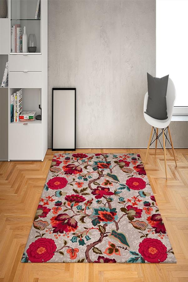 Kaymaz Tabanlı Yıkanabilir Çiçek Desenli Dot Taban Halı