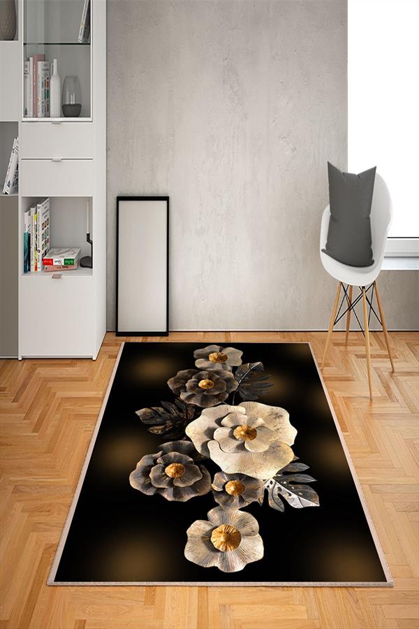 Kaymaz Tabanlı Yıkanabilir Çiçek Desenli Dot Taban Halı