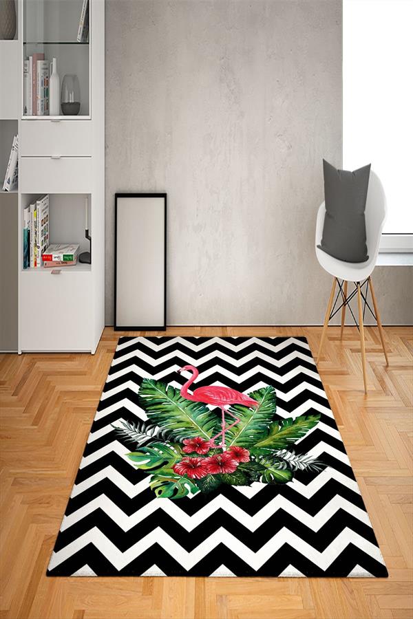 Kaymaz Tabanlı Yıkanabilir Çizgili Flamingo Desenli Dot Taban Halı