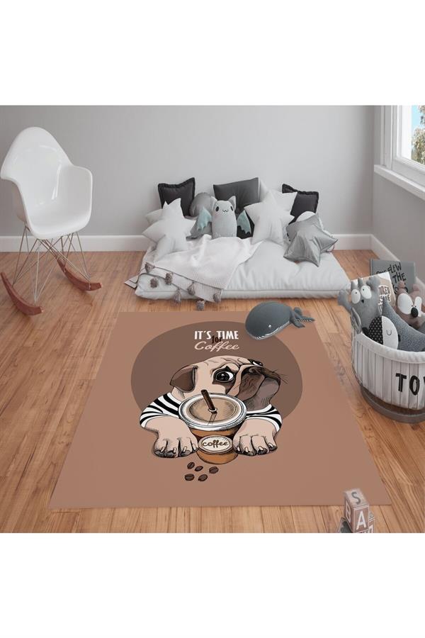 Kaymaz Tabanlı Yıkanabilir Coffee Köpek Desenli Çocuk Halısı Dot Taban Halı