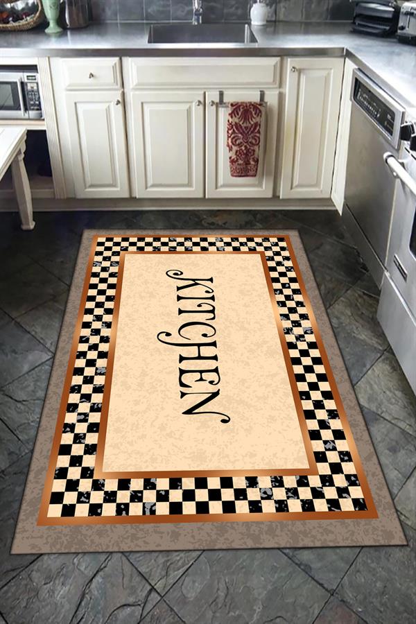 Kaymaz Tabanlı Yıkanabilir Damalı Kitchen Desenli Dot Taban Halı