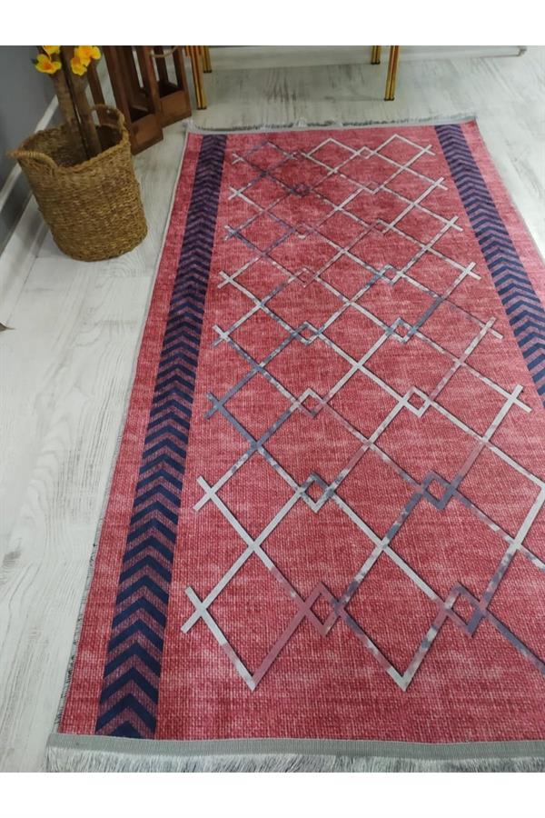 Kaymaz Tabanlı Yıkanabilir Dekoratif Çizgiler Desenli Dokuma Taban Halı