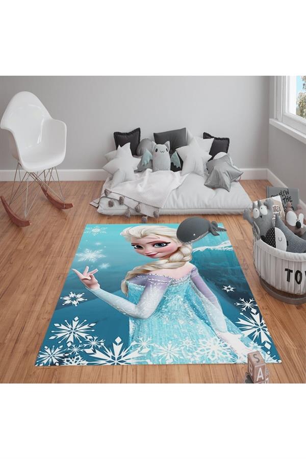 Kaymaz Tabanlı Yıkanabilir Elsa Frozen Desenli Çocuk Halısı Dot Taban Halı