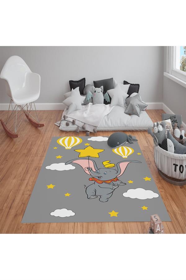 Kaymaz Tabanlı Yıkanabilir Fil Desenli Çocuk Halısı Dot Taban Halı