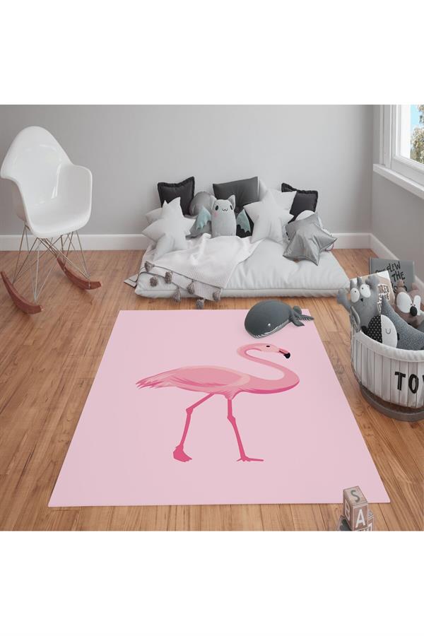 Kaymaz Tabanlı Yıkanabilir Flamingo Desenli Çocuk Halısı Dot Taban Halı