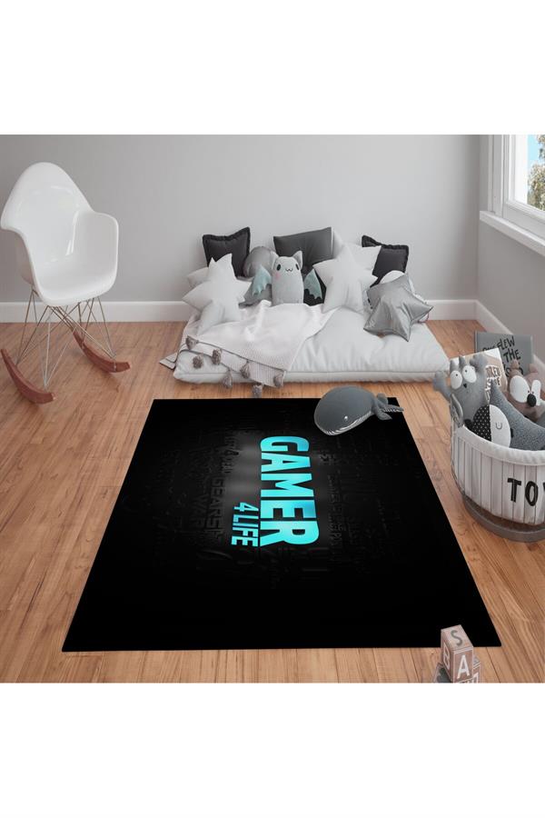 Kaymaz Tabanlı Yıkanabilir Gamer Desenli Çocuk Halısı Dot Taban Halı