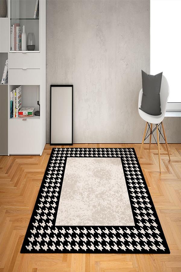 Kaymaz Tabanlı Yıkanabilir Geometrik Çerçeve Desenli Dot Taban Halı
