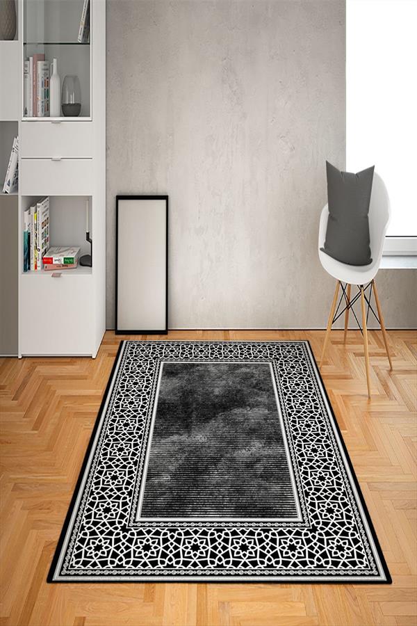 Kaymaz Tabanlı Yıkanabilir Geometrik Çerçeve Desenli Dot Taban Halı