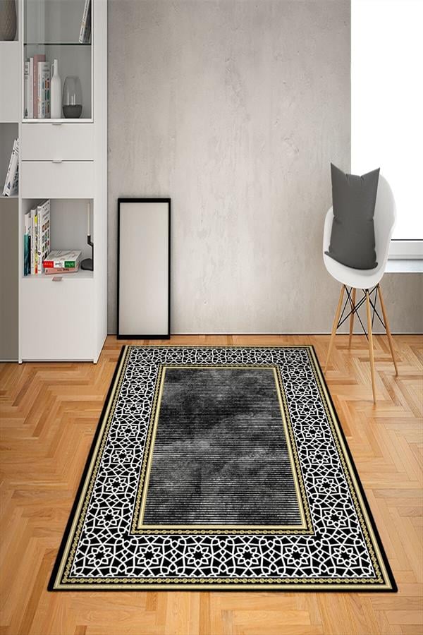 Kaymaz Tabanlı Yıkanabilir Geometrik Çerçeve Desenli Dot Taban Halı