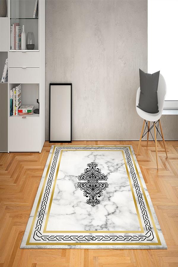 Kaymaz Tabanlı Yıkanabilir Geometrik Çerçeve Desenli Dot Taban Halı