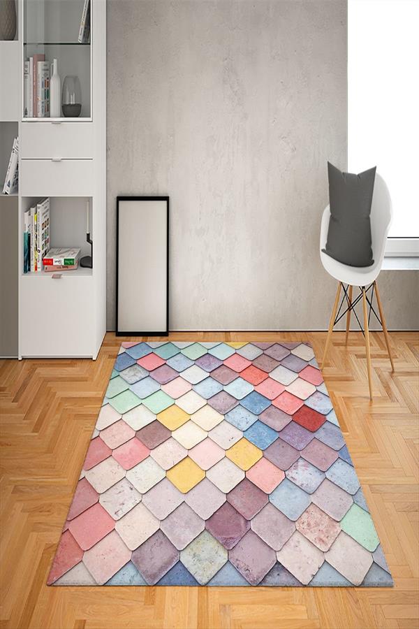 Kaymaz Tabanlı Yıkanabilir Geometrik Desenli Dot Taban Halı