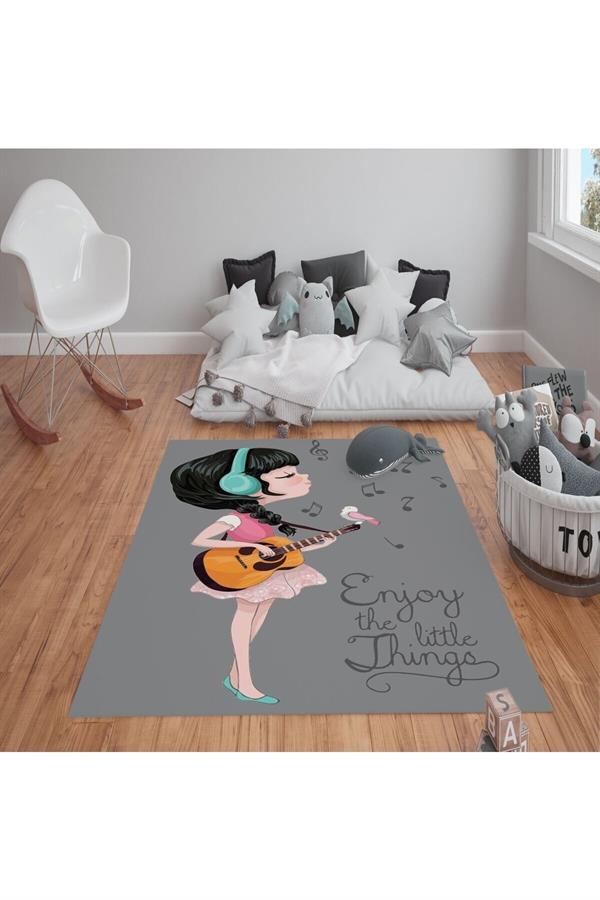 Kaymaz Tabanlı Yıkanabilir Gitarlı Kız Desenli Çocuk Halısı Dot Taban Halı