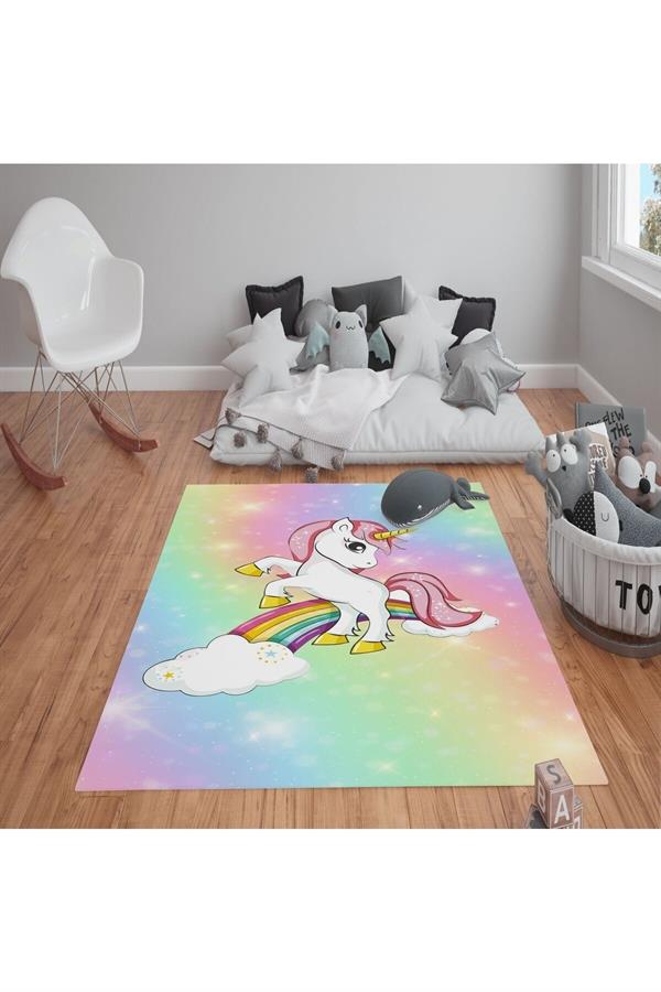Kaymaz Tabanlı Yıkanabilir Gökkuşağı Unicorn Desenli Çocuk Halısı Dot Taban Halı