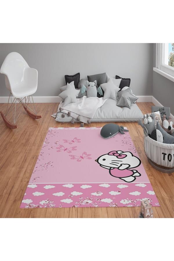 Kaymaz Tabanlı Yıkanabilir Hello Kitty Çocuk Halısı Dot Taban Halı